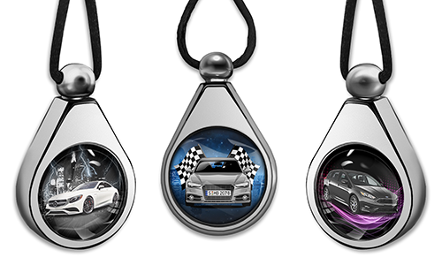 Personalized vehicle illustrations appear inside metal car perfume pendants for auto lovers