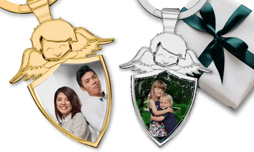  Llavero con escudo de ángel guardián y foto de tu novio