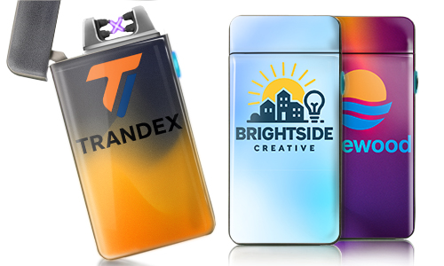 Tres encendedores de plasma: TRANDEX con arco y logotipo en forma de T, BRIGHTSIDE CREATIVE con sol y bombilla, ewood con olas