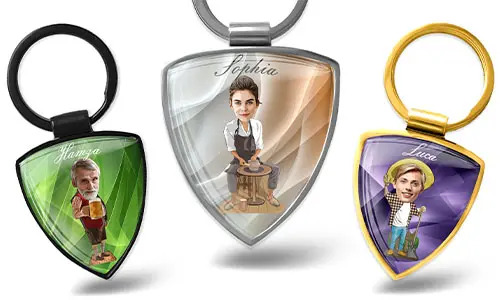 Llavero en forma de escudo personalizado - estilo cómico con tu afición o profesión
