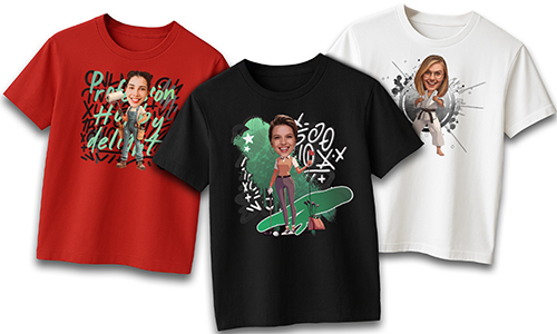 Tres camisetas gráficas: roja con caricatura de graffiti, negra con diseño de skate, blanca con pose de artes marciales