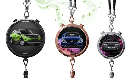 Three pendant-style frames with car images: black with green SUV, rose gold with blue Mercedes, silver with white car