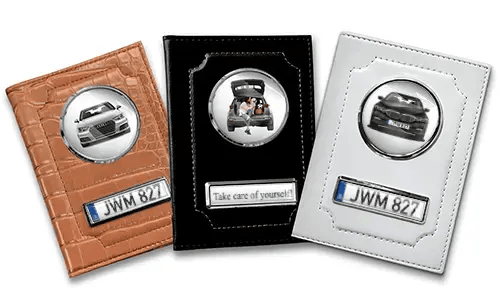 Standard car document holder with car/photo and license plate for yourself