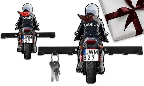 Motocyklowy wieszak na klucze na ścianę z imieniem twojej mamy i twoją tablicą rejestracyjną