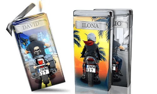 A custom lighter featuring motorcyclists. One side shows 