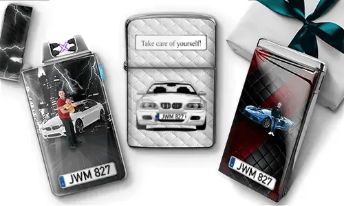 Three personalized lighters featuring different car-related designs. The center lighter reads 