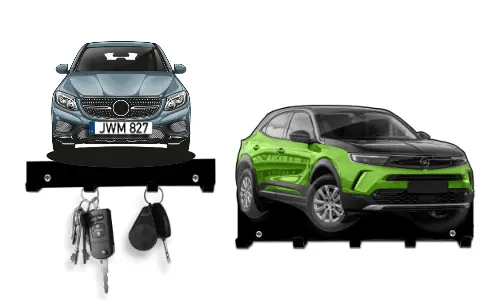 Two car-shaped key holders: red sedan and green-black SUV, both with hooks for hanging keys