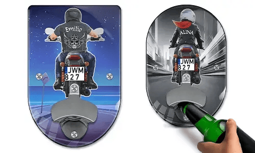 Abrebotellas de pared con motocicleta y nombre