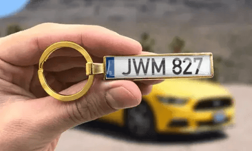Custom gold keychain displays engraved license plate numbers