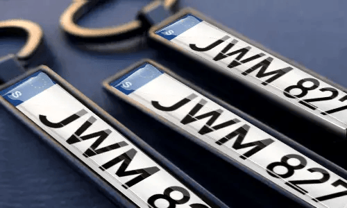 Personliga nyckelringar med registreringsskylt visar graverade nummer och egen text i metallramar