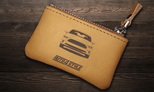 Brown leather key pouch with zipper, printed car and plate 
