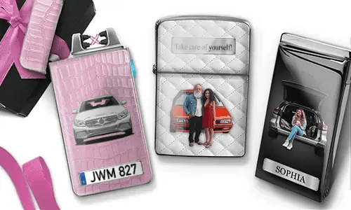 Two decorative electric lighters with car-themed family photos: pink with vintage white car and 
