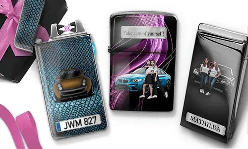 Three custom electronic lighters with car-themed photo prints: blue BMW with 