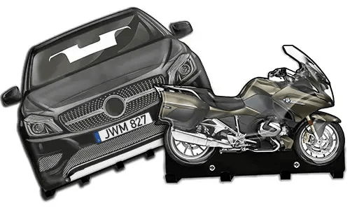 Cardboard cutouts of a black car and metallic motorcycle on stands, used for display or training