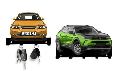 Zwei schlüsselförmige Halter in Autoform: roter Sedan und grün-schwarzer SUV, beide mit Haken für Schlüssel