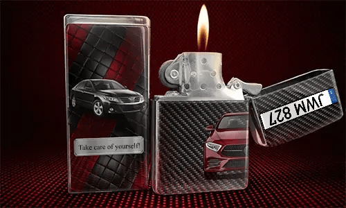 Flip-top lighter with flame: red car on carbon fiber background, black car with name JONAS on quilted panel