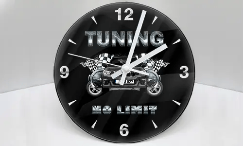 Wall clock with stylized car, checkered flags, and metallic TUNING NO LIMIT text on black background