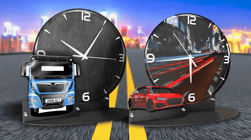 Two analog clocks with model vehicles: left with blue truck and dark dial, right with red sports car and city light trails