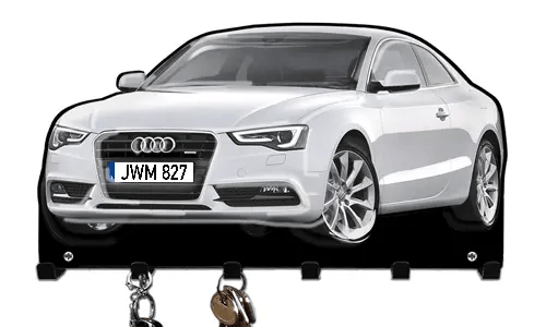 Wandmontierter Schlüsselhalter in Form eines weißen Audi mit Haken zur Schlüsselorganisation